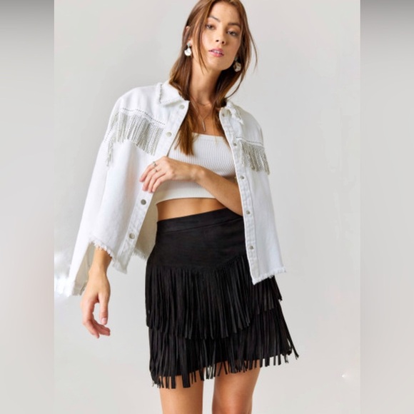 Alya Black Fringe Faux Suede Mini Skirt Size Large Western Style Cowgirl - Picture 8 of 8